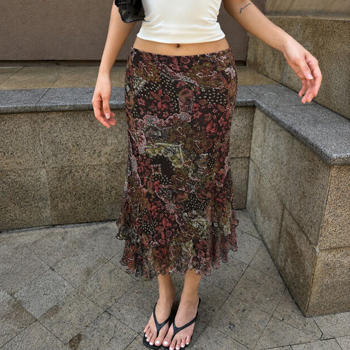 Damen Chiffon-Midirock mit mehrlagigem Volant, Paisley-Print und Zipfelsaum – Rosévia