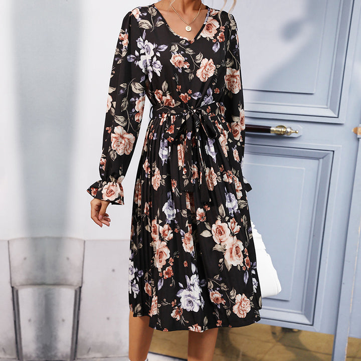 Damen Blumen-Midikleid mit V-Ausschnitt, plissiertem Rock und Taillengürtel Echoarchiv