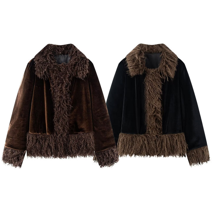 Damen Kurzjacke mit Faux‑Fellbesatz, Samtoptik und Fransenabschluss Echo Archiv