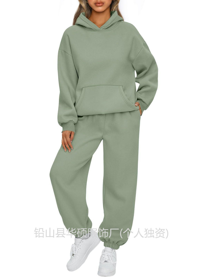 Damen nan gemütliches French-Terry Loungewear-Set mit doppellagiger Kapuze, Kängurutasche und elastischem Knöchel-Jogger Echo Archiv