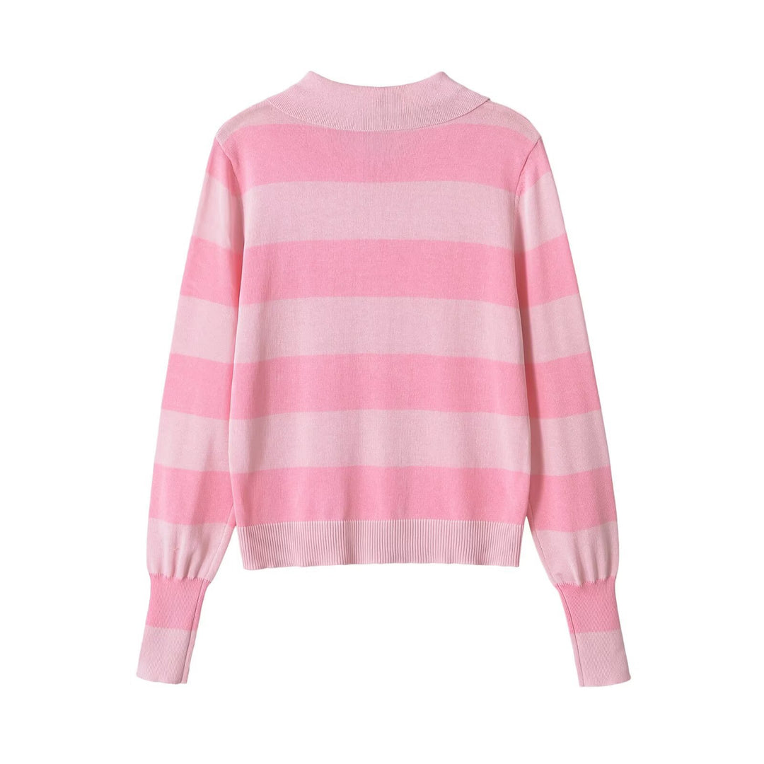 Damen Leichte gestreifte Strickjacke mit Polokragen und Knopfleiste Echo Archiv