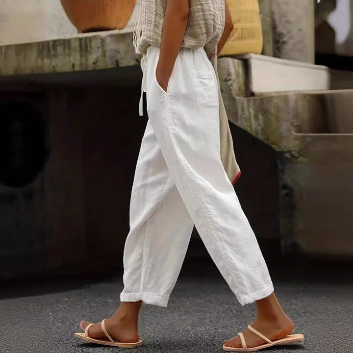 Damen lässige Leinenhose mit elastischem Bund und seitlichen Taschen – Avélisse