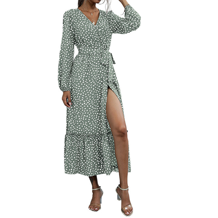 Damen Gemustertes Midikleid mit Wickel‑Optik, geraffter Taille und Stufenvolant Echoarchiv