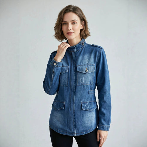 Damen nan taillierte Military-Denimjacke mit Stehkragen, aufgesetzten Pattentaschen und dezenten Used-Details Echo Archiv