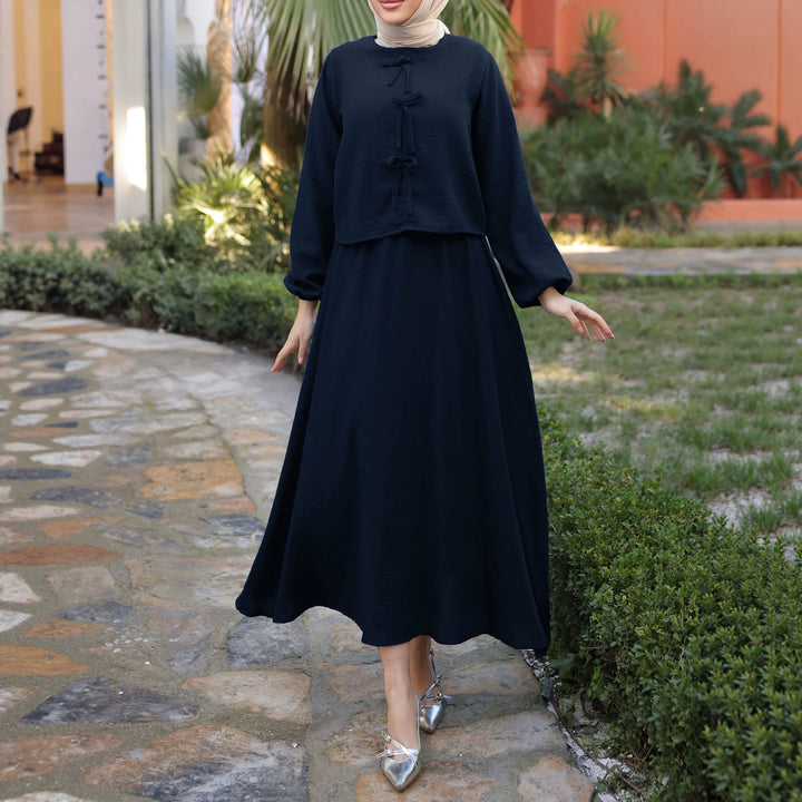 Damen Langes Zweiteiliges Maxikleid mit Überwurf, Rundhals und Zierknoten – Valéora