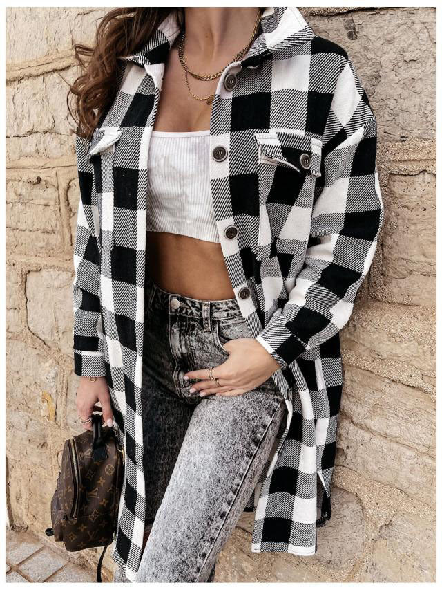 Damen Karierte Overshirtjacke mit Brusttaschen Echoarchiv