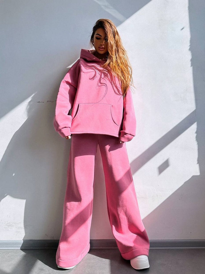 Damen Scuba-Fleece Lounge-Set mit Oversize-Kapuzenpullover und weiter Flare-Hose – Auréline