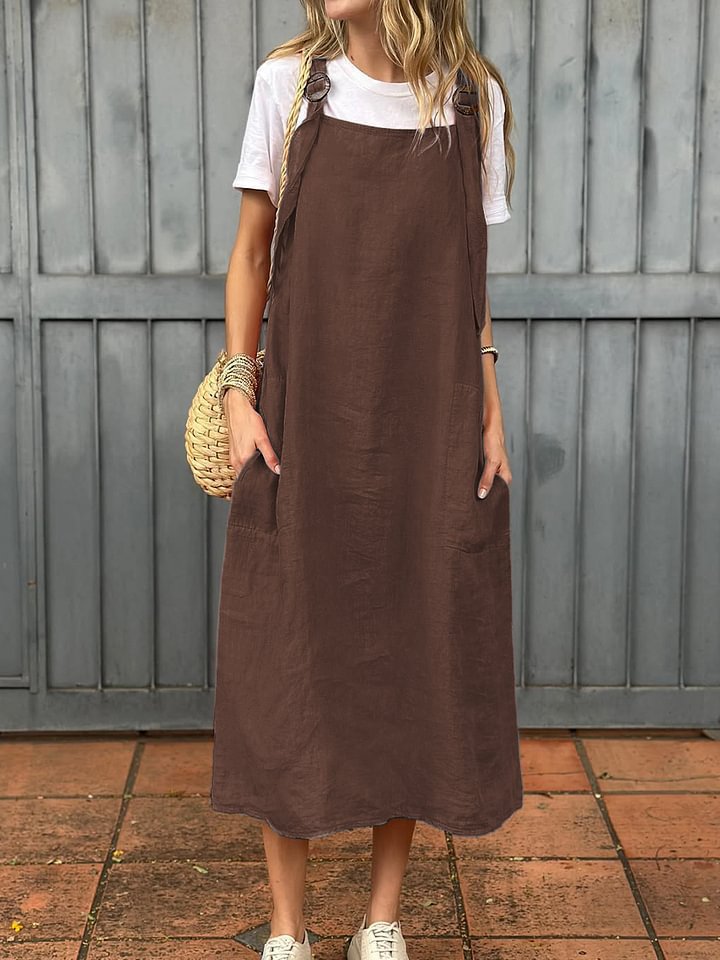 Damen Lässiges Leinen-Latzkleid mit praktischen Seitentaschen und verstellbaren Trägern Echoarchiv