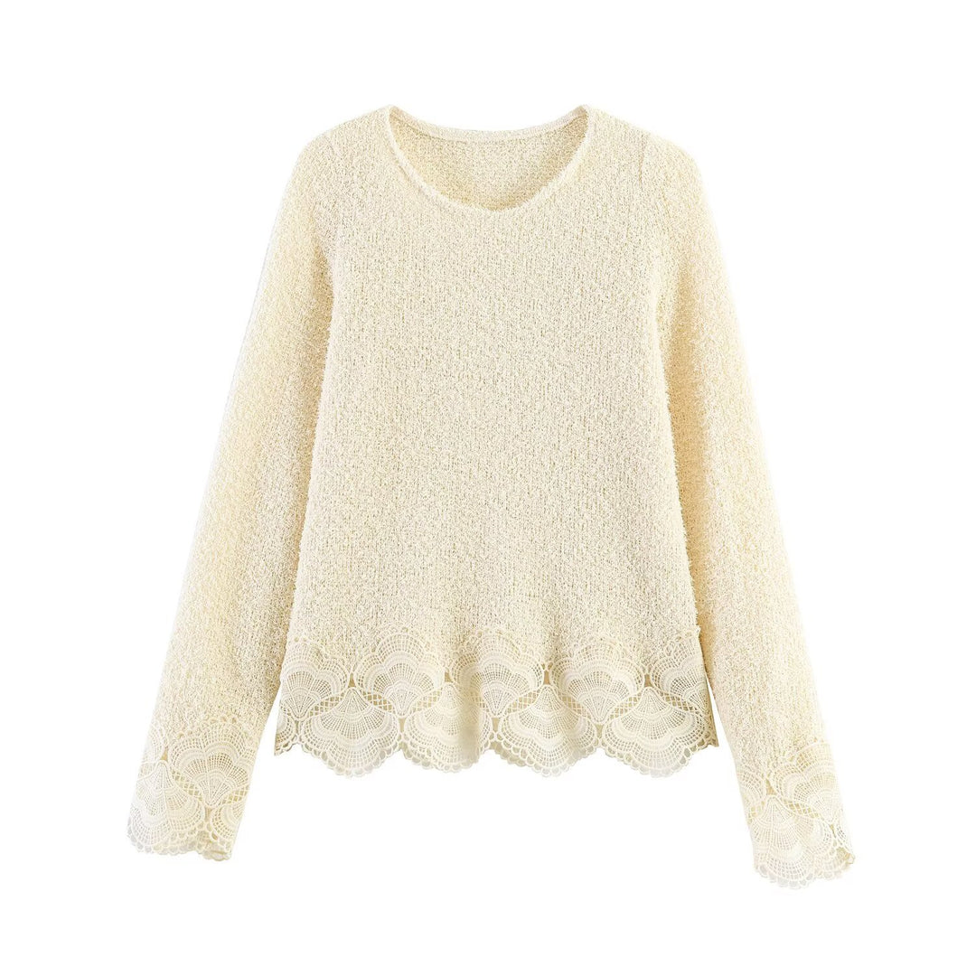 Damen Bouclé-Strickpullover mit Spitzenbesatz und gewelltem Saum Echo Archiv