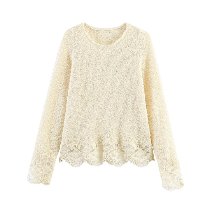 Damen Bouclé-Strickpullover mit Spitzenbesatz und gewelltem Saum Echo Archiv