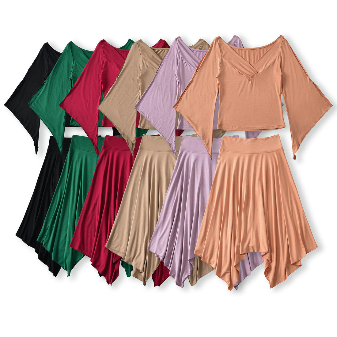 Damen Zweiteiliges Set aus drapiertem Top mit Fledermausärmeln und asymmetrischem Tellerrock Echoarchiv