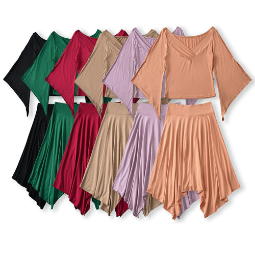 Damen Zweiteiliges Set aus drapiertem Top mit Fledermausärmeln und asymmetrischem Tellerrock Echoarchiv