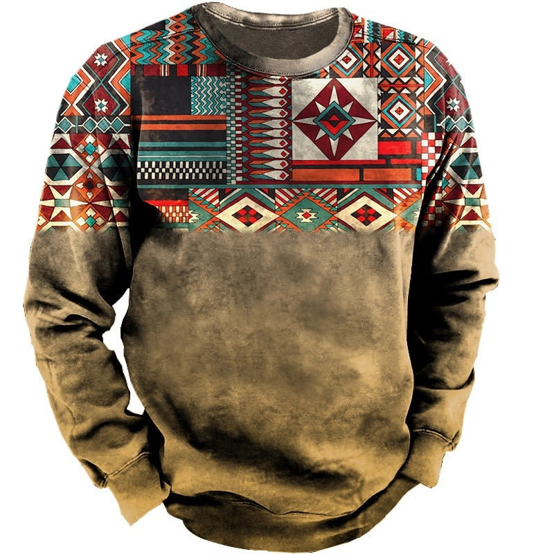 Herren-Sweatshirt mit ethnischem Blockdruck, Vintage-Fade-Effekt und Rundhalsausschnitt – Norvane