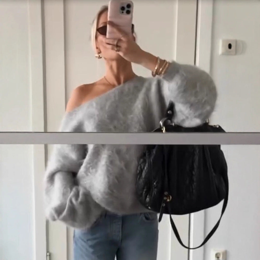 Damen Oversize Mohair-Blend Off-Shoulder Pullover mit Ballonärmeln Echoarchiv