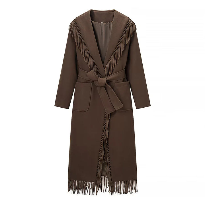 Damen langer Fransenmantel mit voluminösem Schalkragen, Taillengürtel und aufgesetzten Taschen – Montévia