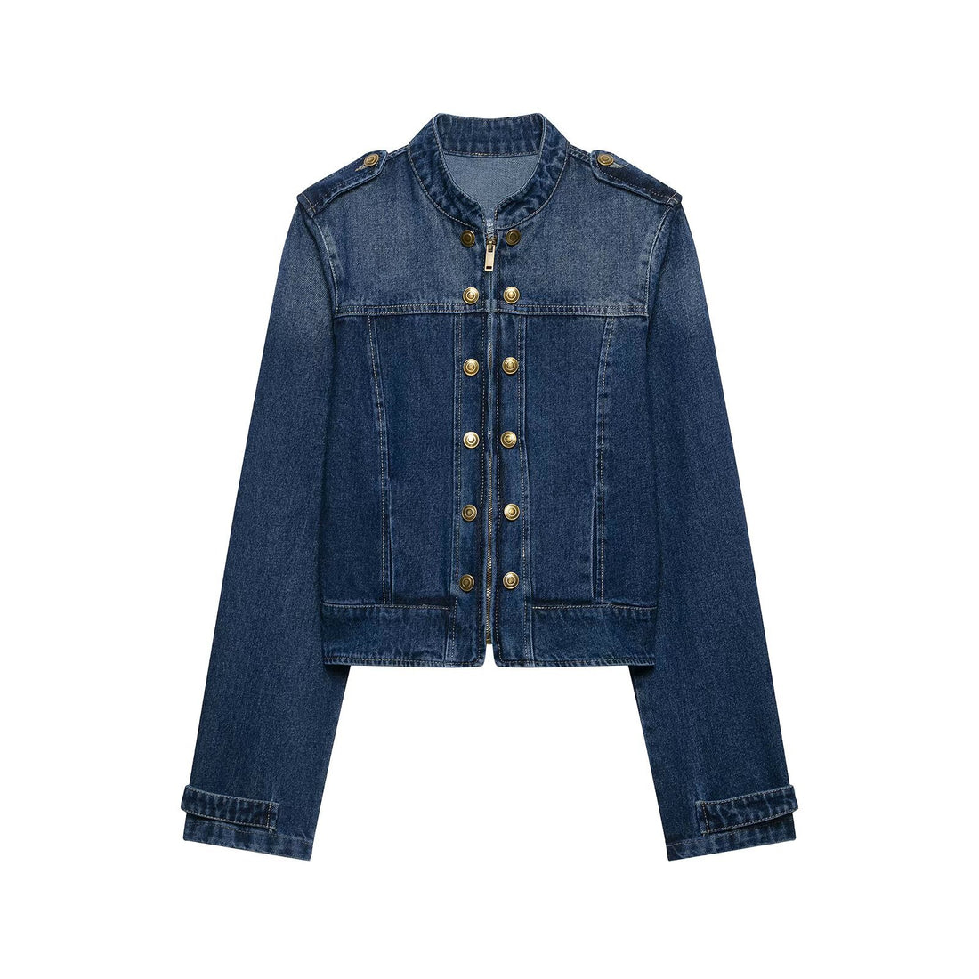 Damen Kurz geschnittene Jeansjacke im Military‑Stil mit Stehkragen Echo Archiv