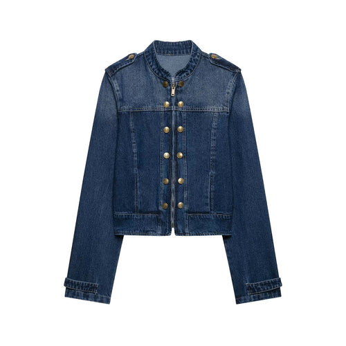 Damen Kurz geschnittene Jeansjacke im Military‑Stil mit Stehkragen Echo Archiv