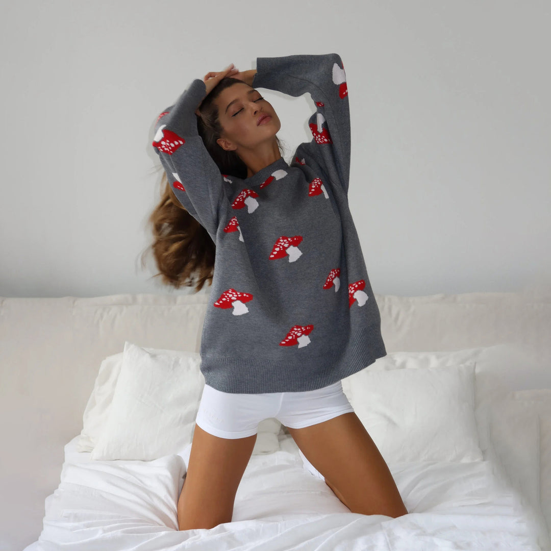 Damen weiter Strickpullover mit Pilzmotiv Rundhals Rippbündchen – Mavelle