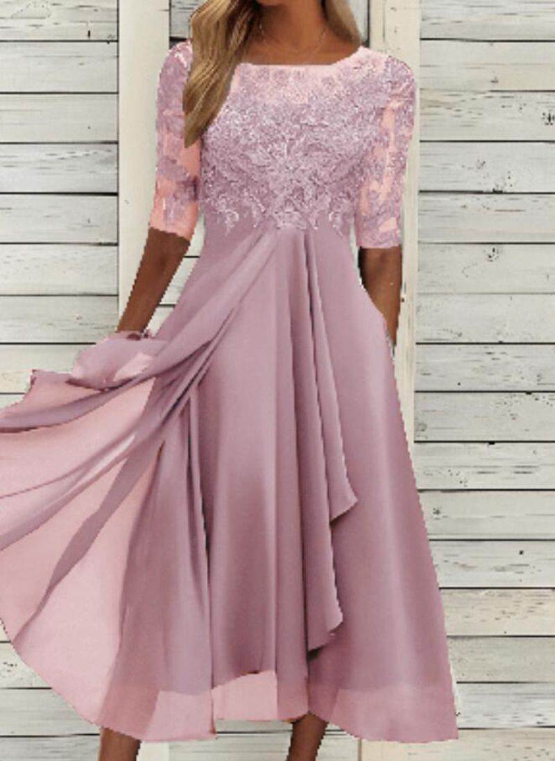 Damen elegantes Chiffon-Spitzenkleid mit Vokuhila-Überwurf und dreiviertelärmeln – Élara
