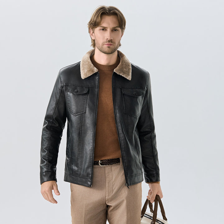 Herren Elegante Lederjacke mit Fleece-Kragen Echoarchiv