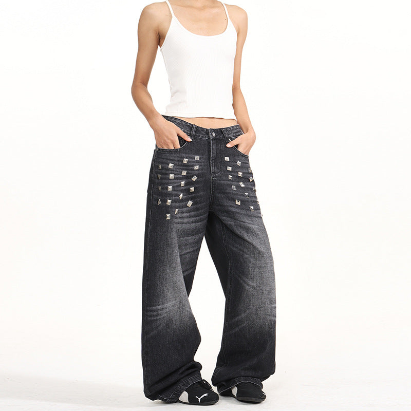 Damen Extraweite Nieten-Baggy-Jeans mit tiefem Bund und Used-Wash Echo Archiv