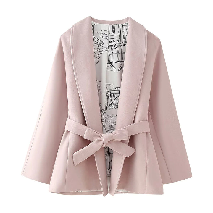 Damen nan kurzjacke mit weitem Schalkragen, tailliertem Bindegürtel und gemustertem Innenfutter Echo Archiv
