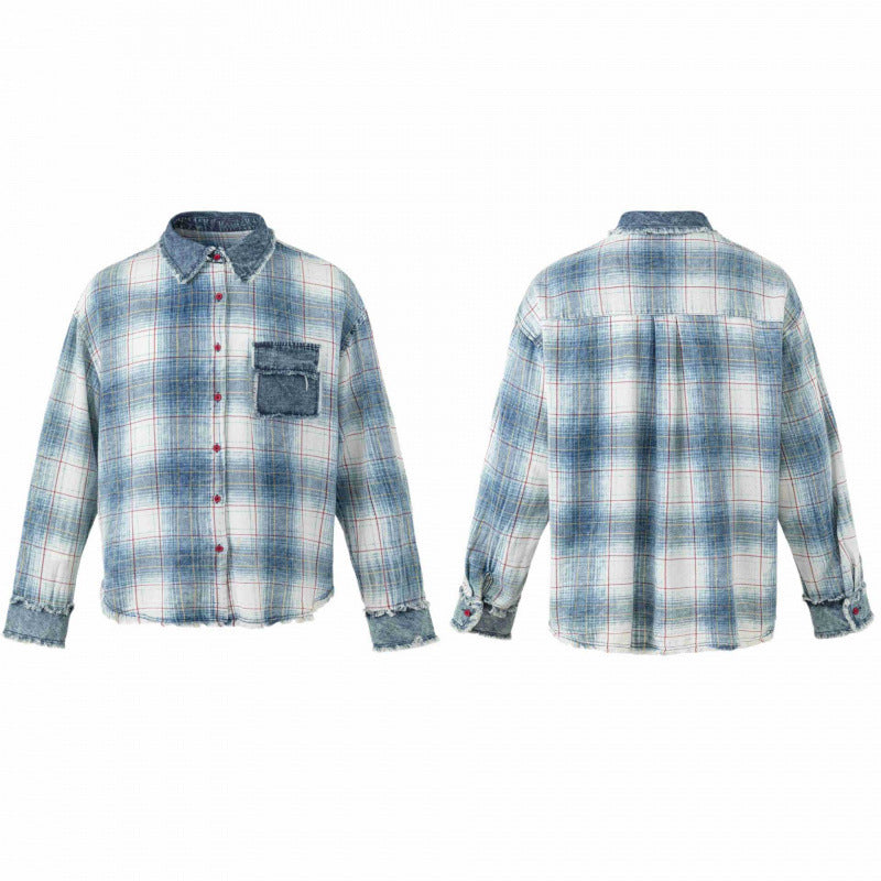 Unisex Kariertes Overshirt im Used-Look mit Fransen, Jeanskragen und aufgesetzter Brusttasche Echo Archiv