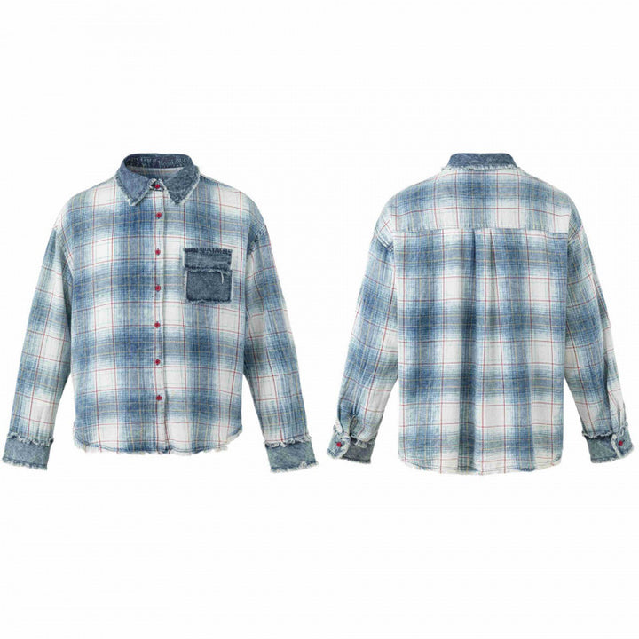 Unisex Kariertes Overshirt im Used-Look mit Fransen, Jeanskragen und aufgesetzter Brusttasche Echo Archiv