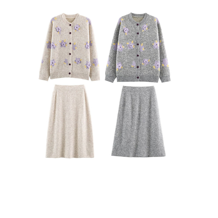 Damen Feinstrick-Zweiteiler Cardigan mit Blumen-Jacquard und tailliertem A-Linien Strickrock Echoarchiv