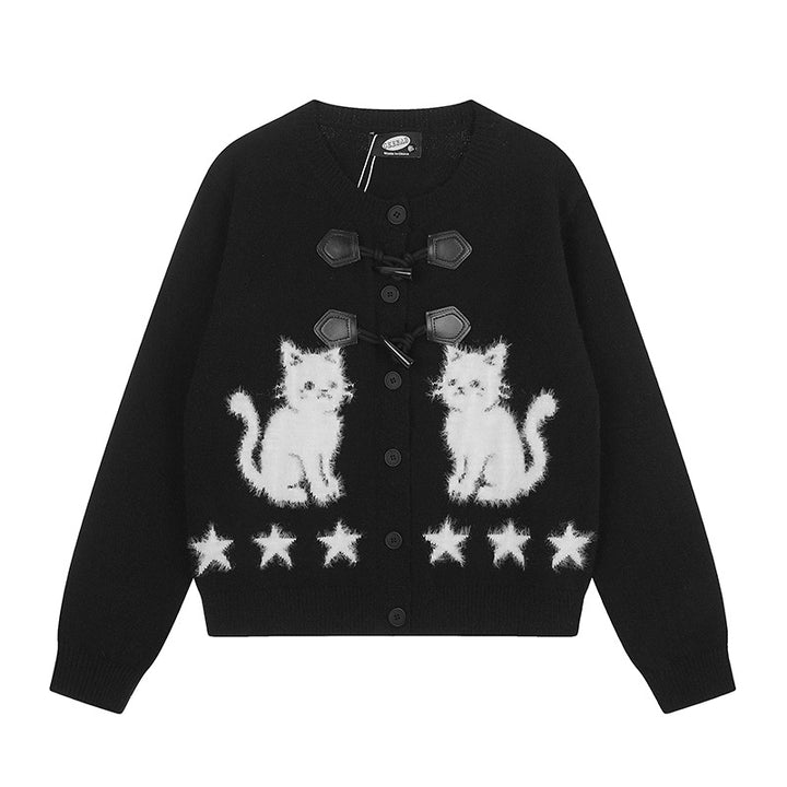 Damen Strickjacke mit Katzen-Jacquard, Zierknebelverschluss und Sternbordüre Echoarchiv