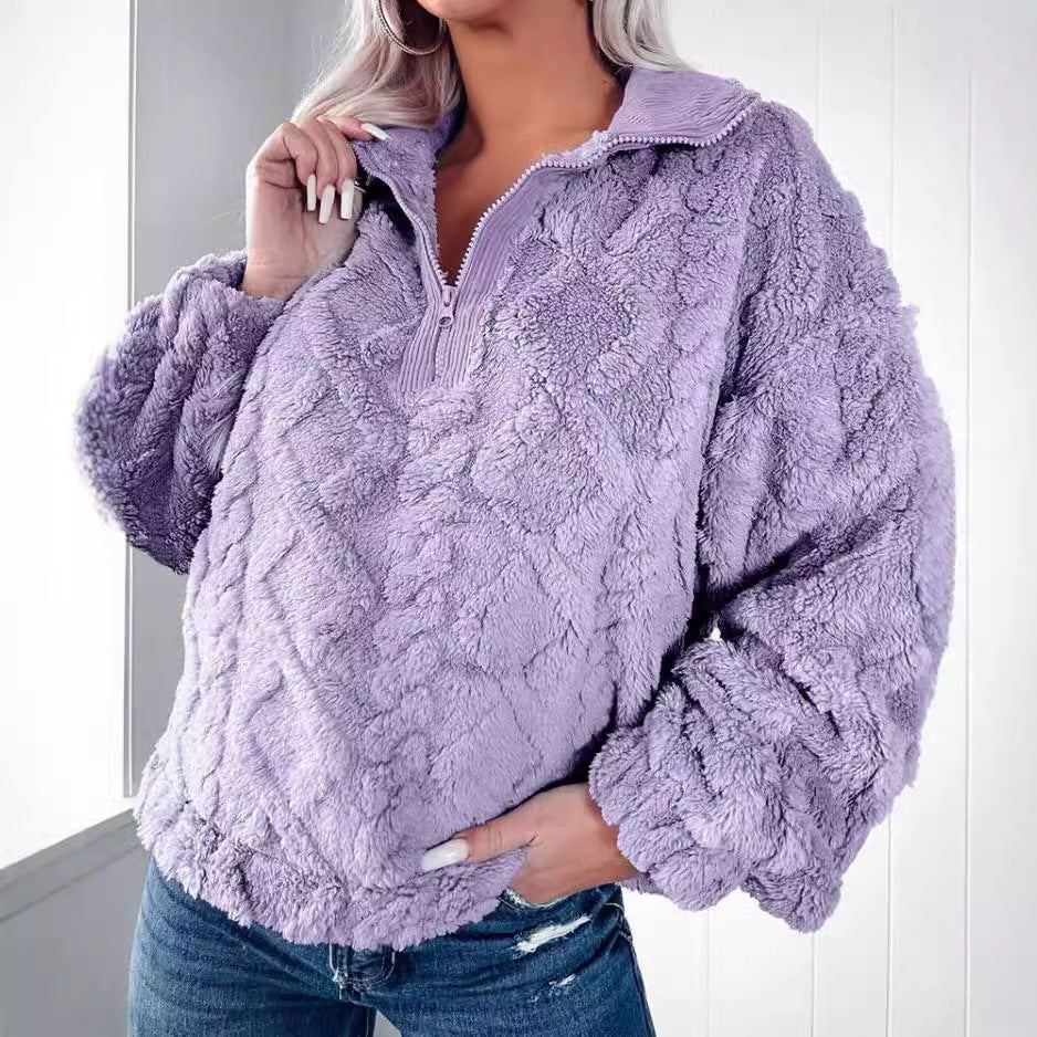Damen nan Plüsch-Sherpa-Pullover mit halbem Reißverschluss, Stehkragen und oversized Silhouette Echo Archiv