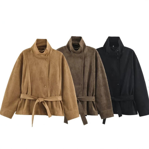 Damen Veloursleder-Optikjacke mit hohem Stehkragen und Taillengürtel Echo Archiv