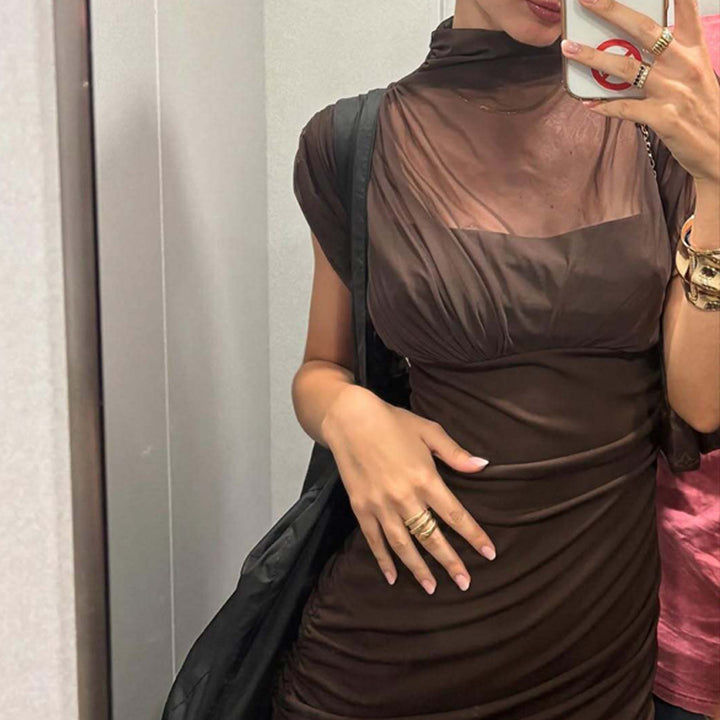 Damen Maxi-Kleid mit transparenten Puffärmeln und elegantem Raffungseffekt Echo Archiv