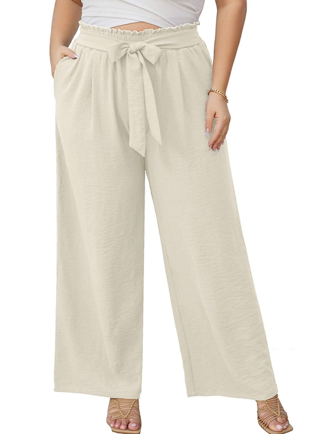 Damen Paperbag-Hose mit weitem Bein, Gummizug, Bindegürtel und Eingrifftaschen Echo Archiv