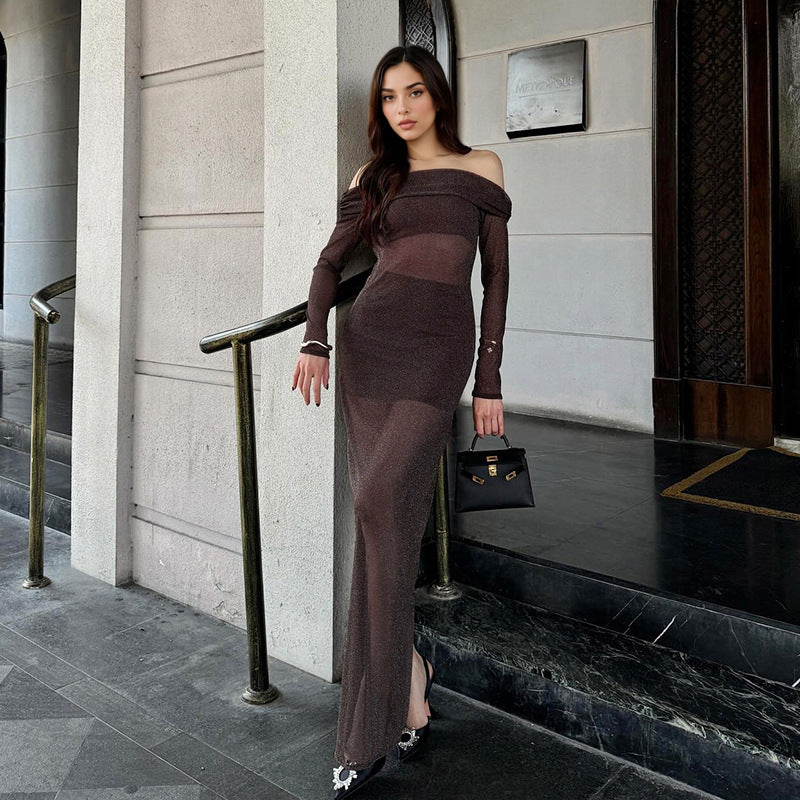 Damen elegantes schulterfreies Maxikleid mit Rüschendetails Echo Archiv
