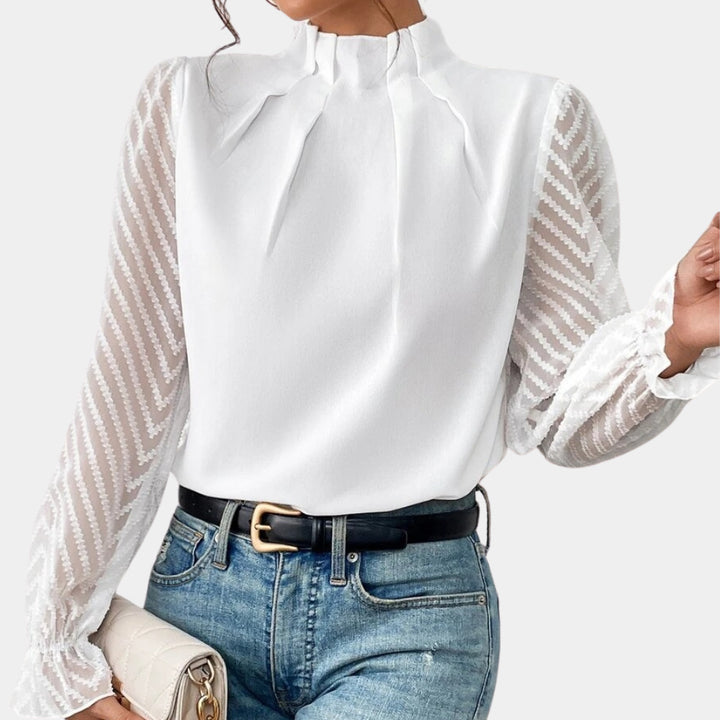 Damen Elegante Chiffonbluse mit Stehkragen, Faltenkante und transparenten Jacquard-Ärmeln – Élovi