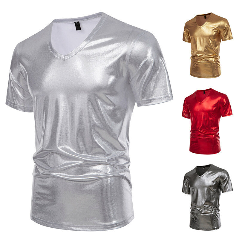 Herren V-Ausschnitt T-Shirt aus glänzendem Material mit persönlichem Stil Echoarchiv