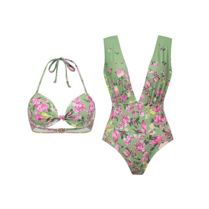 Damen Bikiniset mit floralem Schnitt und elegantem Maxirock Echo Archiv