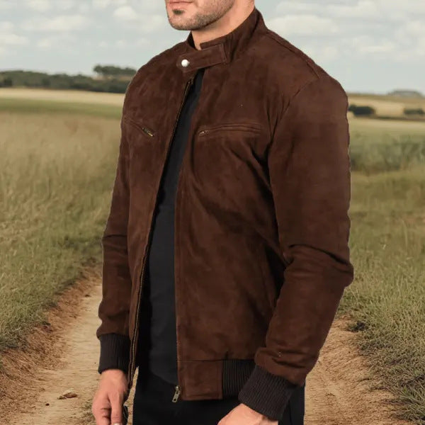 Herren Suede-Bomberjacke mit trendigem Stehkragen und praktischen Taschen Echoarchiv