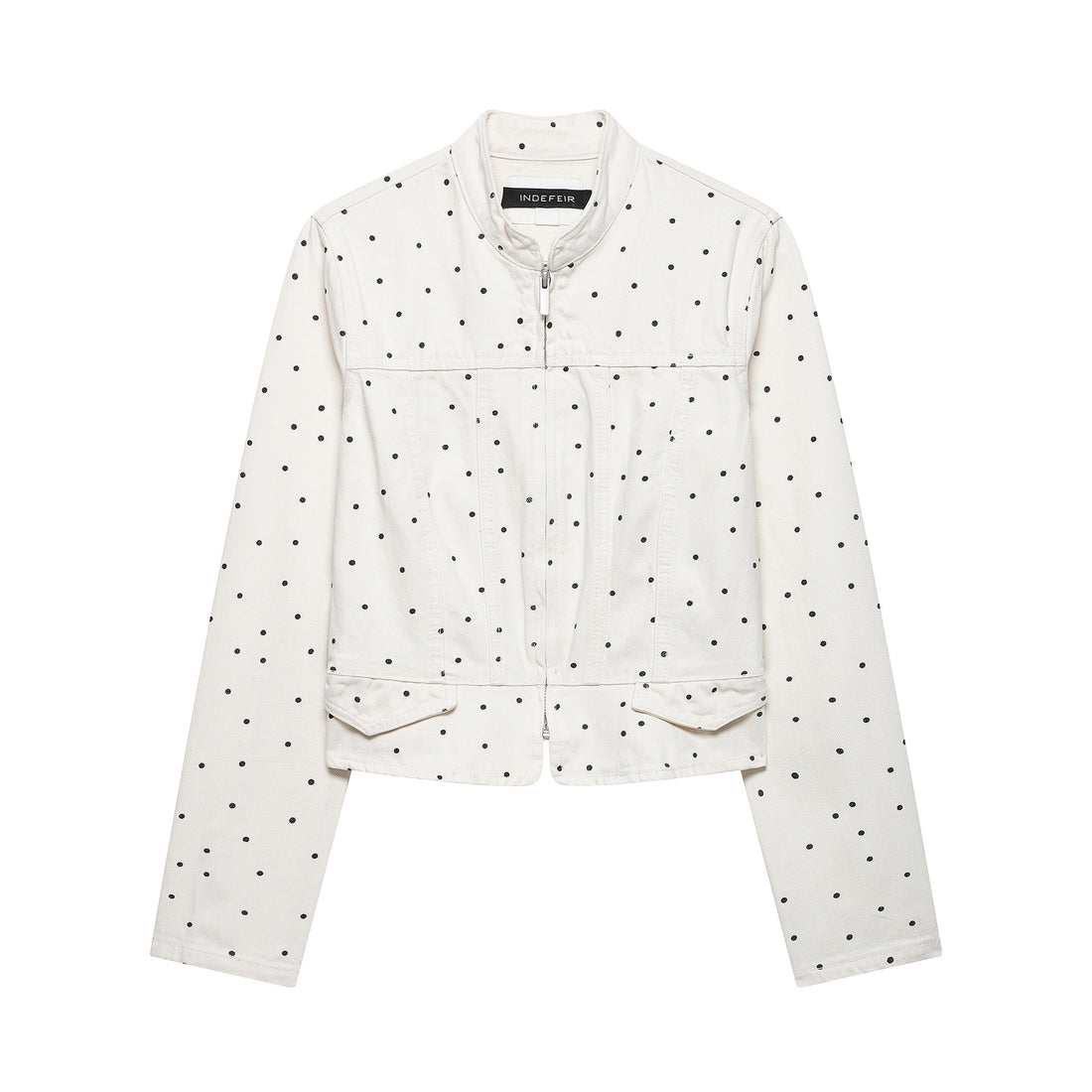 Damen Gepunktete Cropped Jeansjacke mit Stehkragen, Reißverschluss und Pattentaschen Echoarchiv