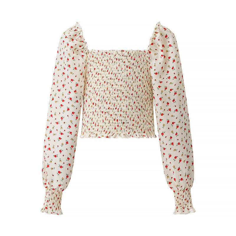 Damen Gesmoktes Cropped-Top mit Puffärmeln und Blumendessin Echo Archiv