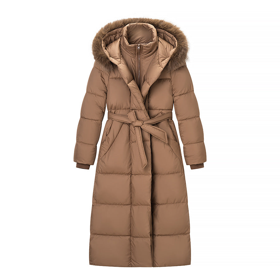 Damen Wattierter Longline-Mantel mit Kapuze und Taillengürtel Echo Archiv