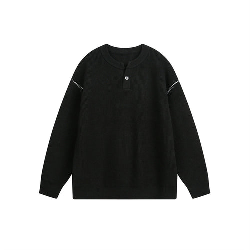 Unisex Grobstrick-Henley-Pullover mit Knopfleiste und Drop-Shoulder Echoarchiv