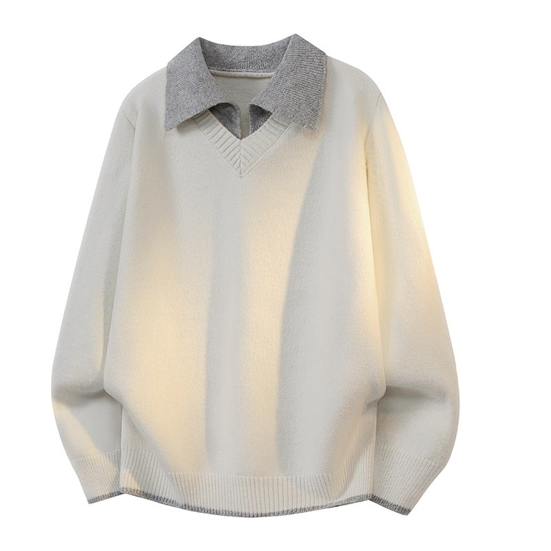 Unisex Oversize Strickpullover mit Kontrastpolokragen und V-Ausschnitt Echoarchiv