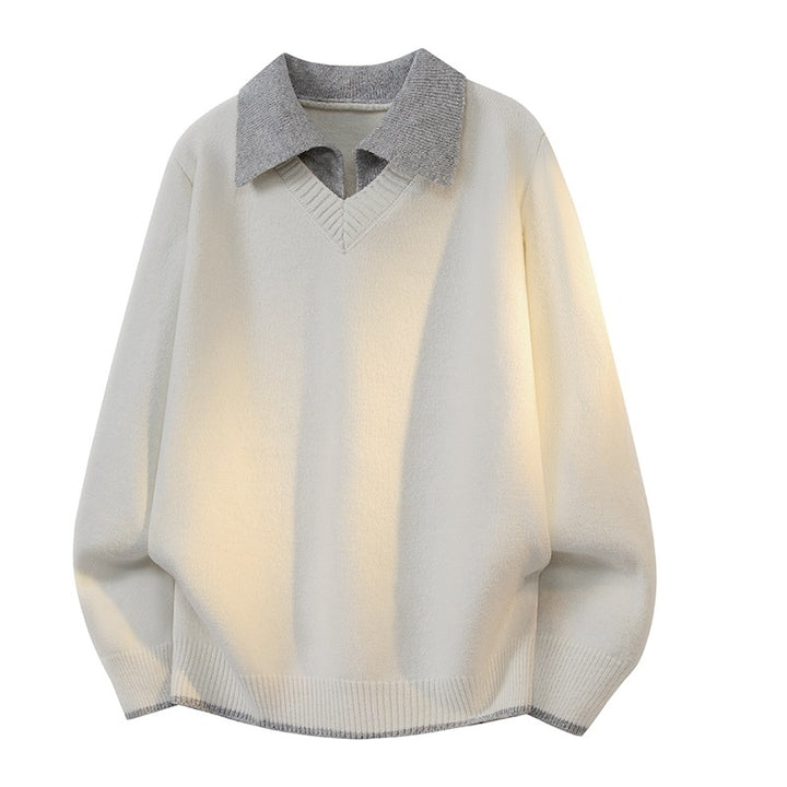 Unisex Oversize Strickpullover mit Kontrastpolokragen und V-Ausschnitt Echoarchiv