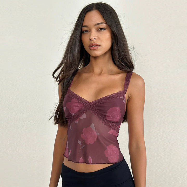 Damen Spitzen-Crop-Top mit floralen Motiven Echo Archiv
