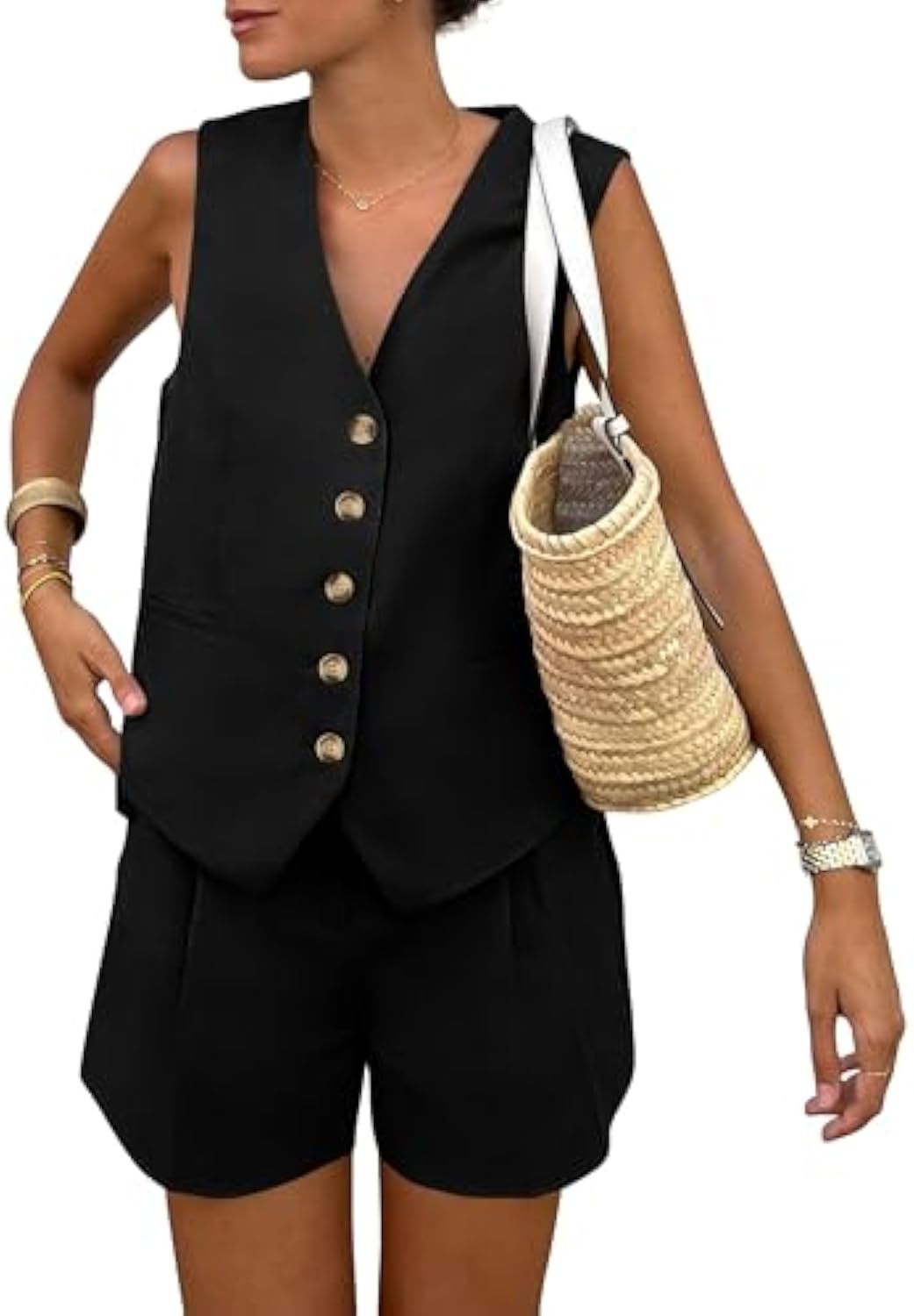 Damen elegantes Jumpsuit-Set mit tailliertem Schnitt und dekorativen Knopfdetails Echo Archiv