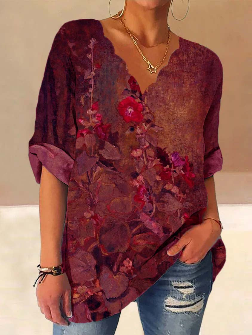Damen Lockere Bluse mit Welligem V-Ausschnitt und Aquarell Floral Print – Élovi