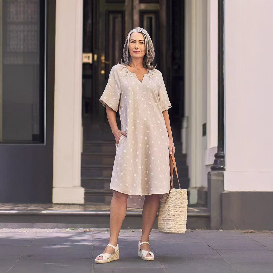 Damen nan lockeres A-Linien Leinenoptik-Kleid mit V-Ausschnitt, geraffter Schulterpartie und Eingrifftaschen Echo Archiv