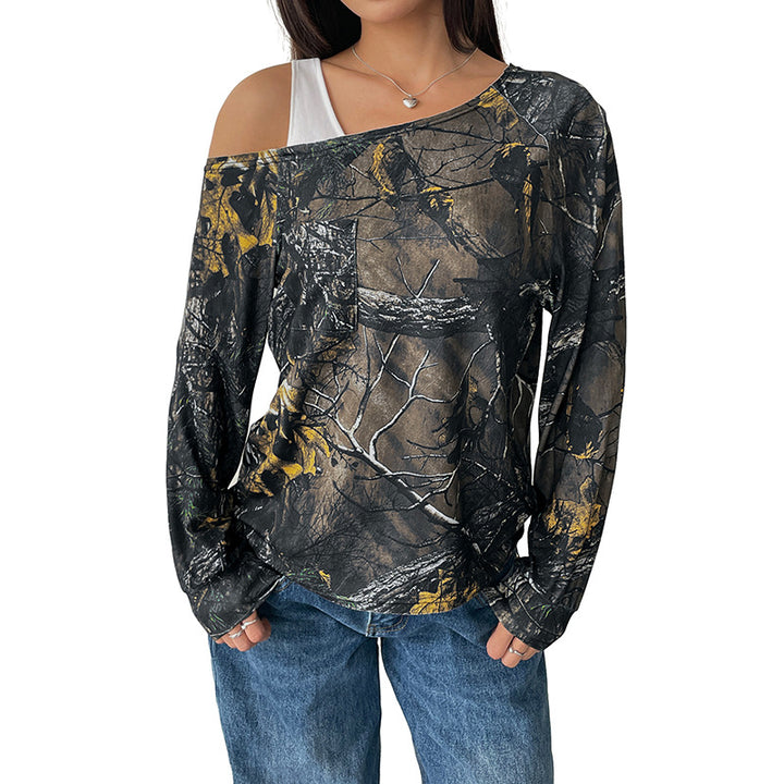 Damen Schulterfreies Langarmshirt mit Camouflage-Waldprint Echoarchiv